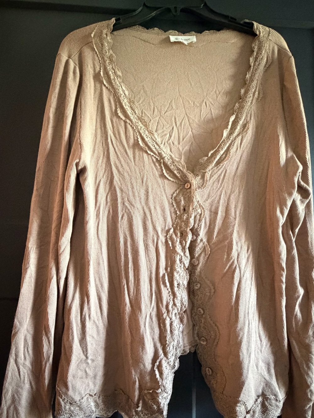 bohme Lace-Trim Button Front Cardigan in Taupe Brown